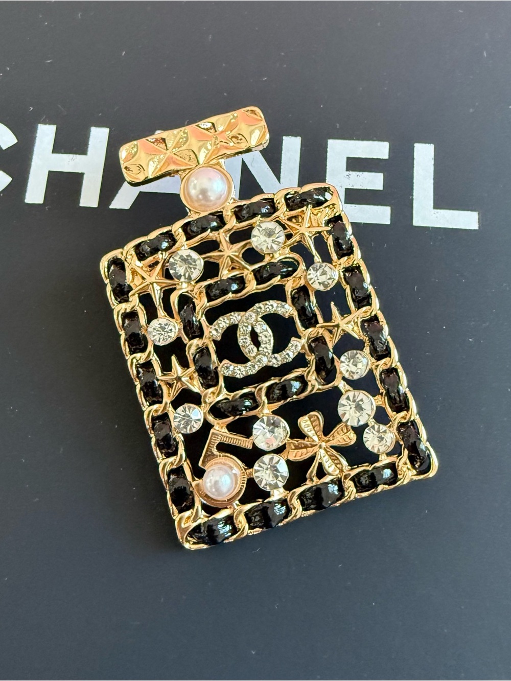 LAST ONE Upcycled Gold & Black Logo Perfume Bottle Brooch with Crystals, Pearls